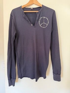 Navy Long Sleeve Henley with Peace Sign